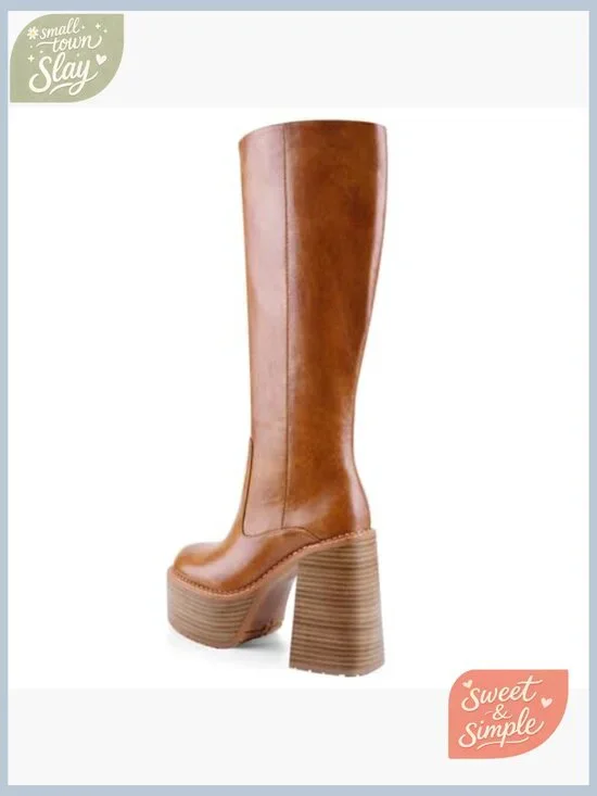 Platform Mid Calf Boots Block Heel Square Toe Comfortable Casual Shoes - Picture 5 of 5